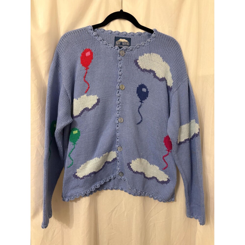 Vtg 90s REY WEAR 100% Cotton Hand Knit Balloon Clouds Cardigan Sweater-S/M